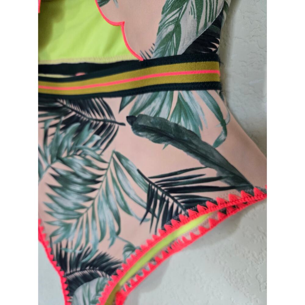 River Island Tropical Palm Print Scalloped One Piece Swimsuit Size 12 Neon Trim - Picture 6 of 10